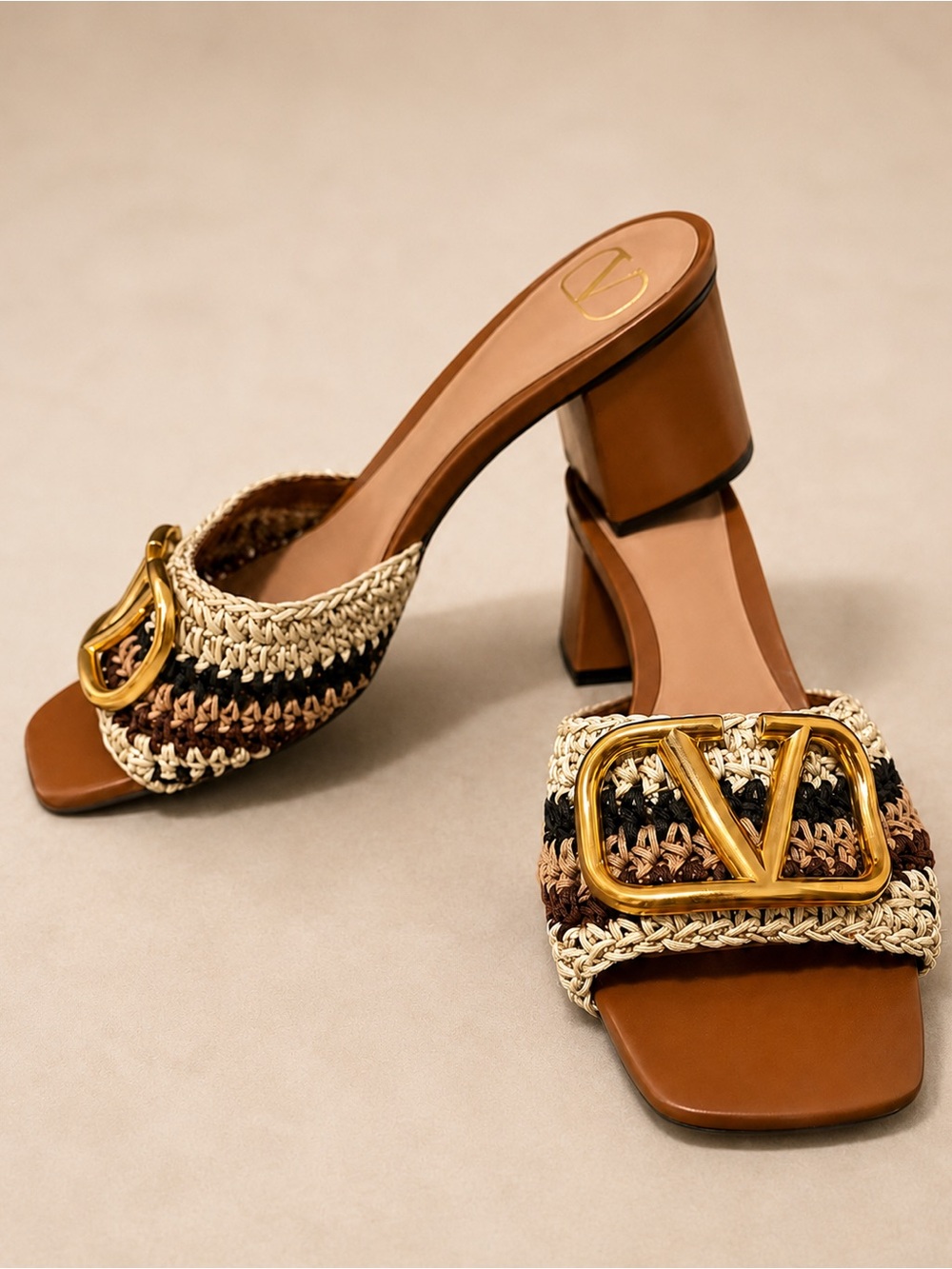 Valentino Brown Leather & Crochet Block Heel Mules with Gold V Logo